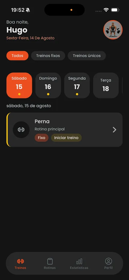 Tela do TrainingLog mostrando o treino do dia